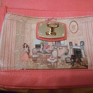 Sonovi Pink Salmon Crossbody Leather Purse w/Living Room Scene Turn Key Closure